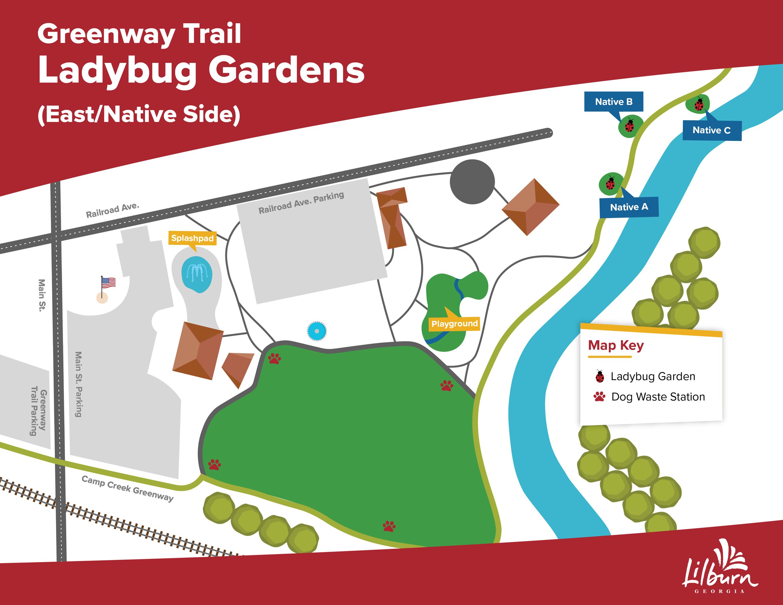 Map showing garden bed orientation on the east side of the Greenway Trail