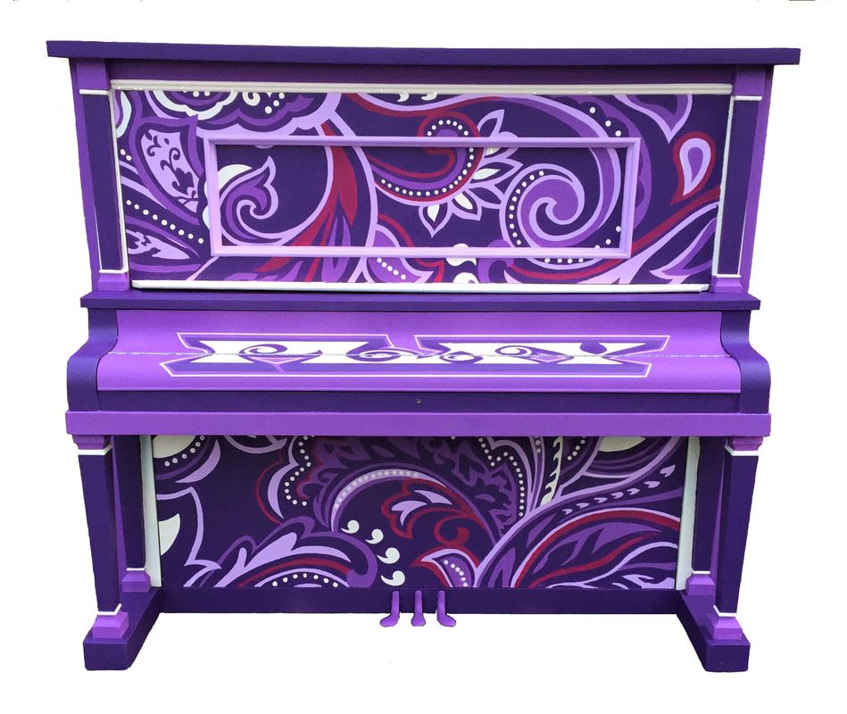 painted purple piano with swirly design
